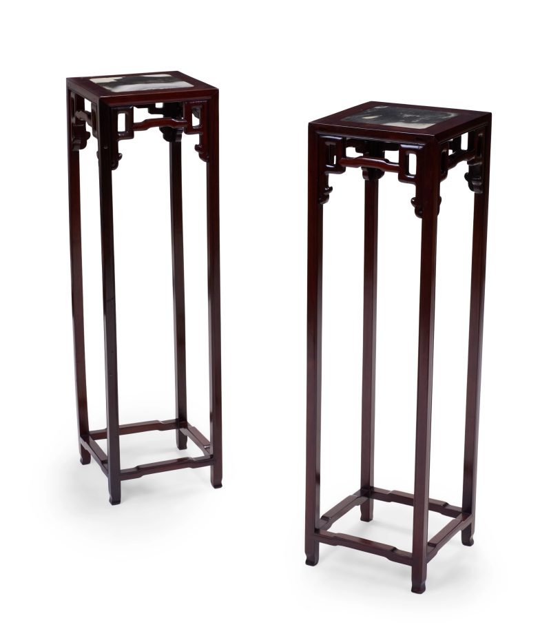 清晚期 紅木嵌雲石花架一對 | A pair of Chinese marble-inset hongmu flower stands