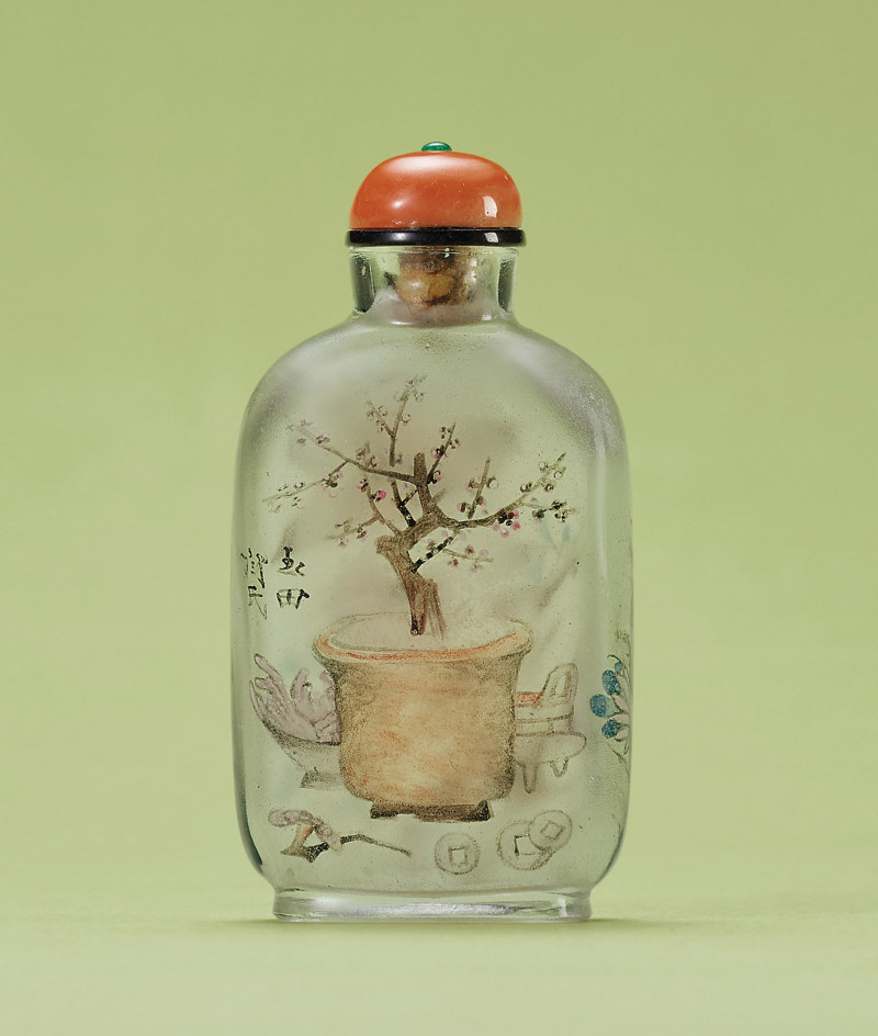 清  閻玉田作 玻璃內畫盆景圖鼻煙壺 - 图1