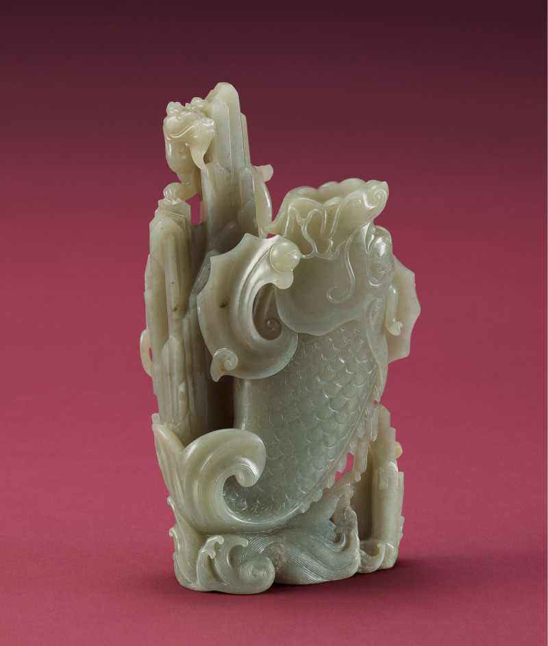 清  青白玉鯉躍龍門花插