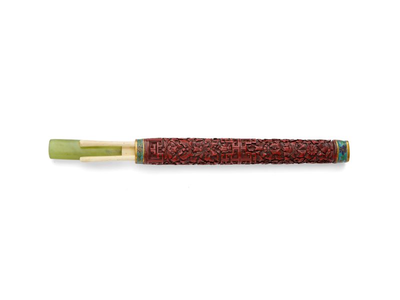 清十九世紀中期 銅胎掐絲琺瑯剔紅解食刀 | A Chinese cinnabar lacquer and cloisonné part eating set