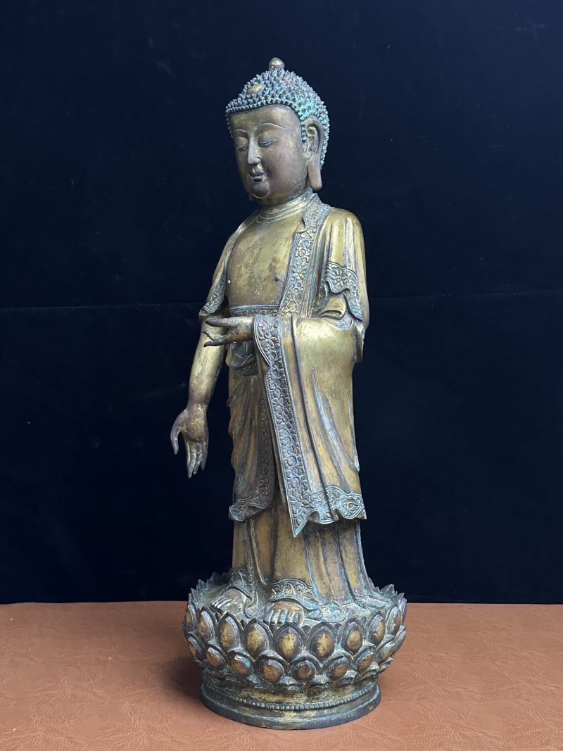 明中期 铜鎏金释迦牟尼佛立像 - 图12