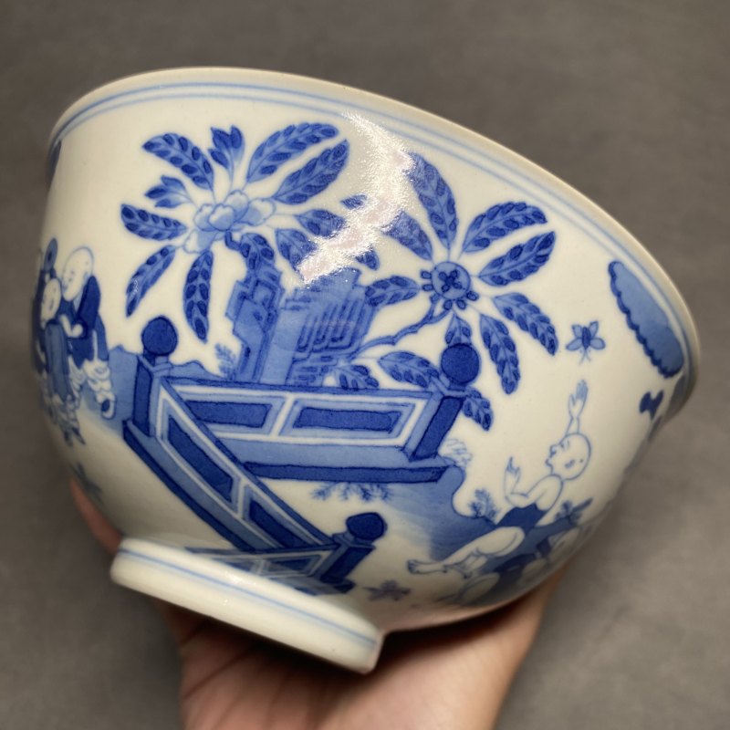清道光 青花庭院婴戏图碗 - 图11