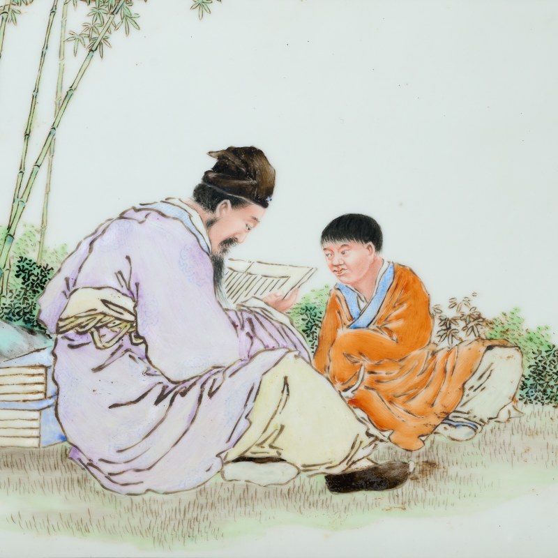 民国 刘希任风格粉彩竹林受读瓷板 - 图2