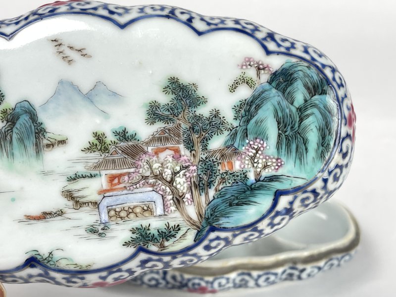 清道光 竹石山房御制洋彩山水花卉纹调色盘 - 图3