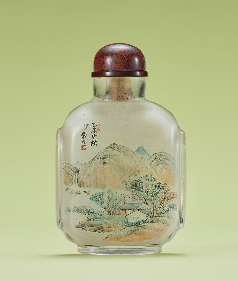 清  畢榮九作 玻璃內畫山水圖鼻煙壺 - 图1
