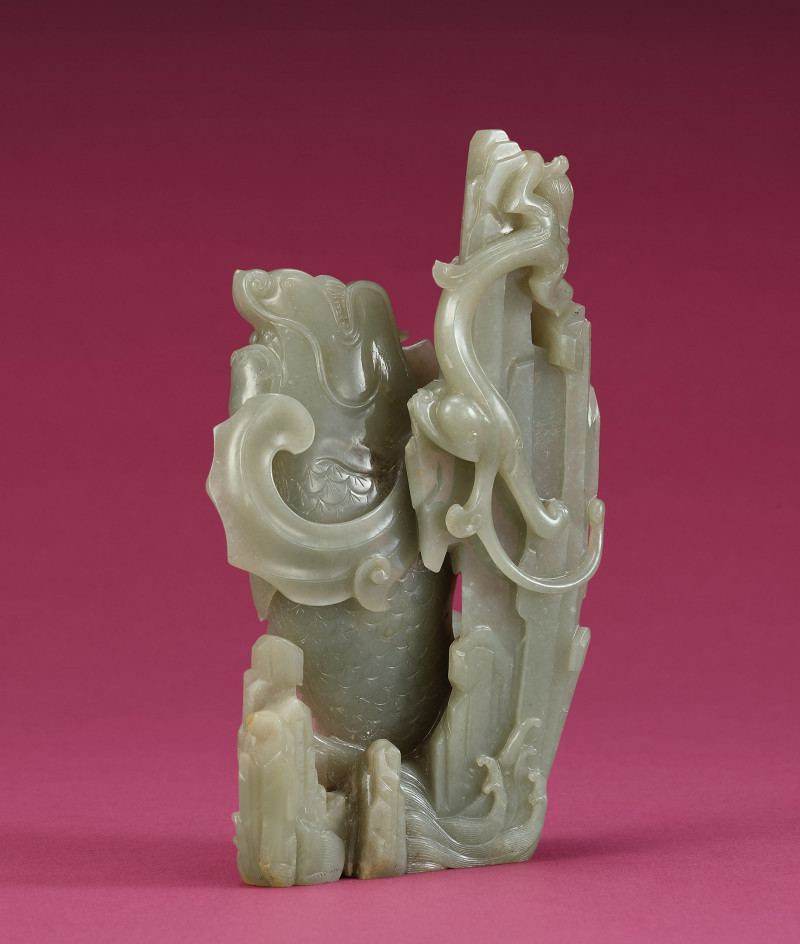 清  青白玉鯉躍龍門花插 - 图2