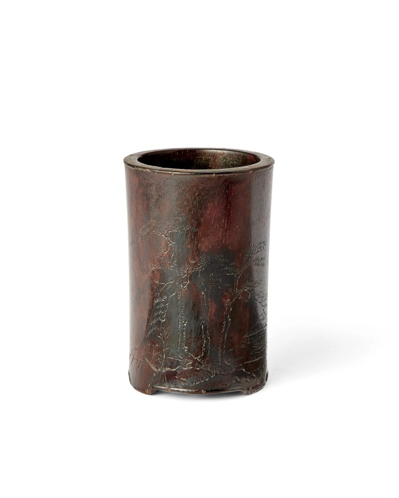 清十八世紀 紫檀雕題詩老樹孤亭紋筆筒 | A Chinese carved and inscribed zitan brush pot - 图2