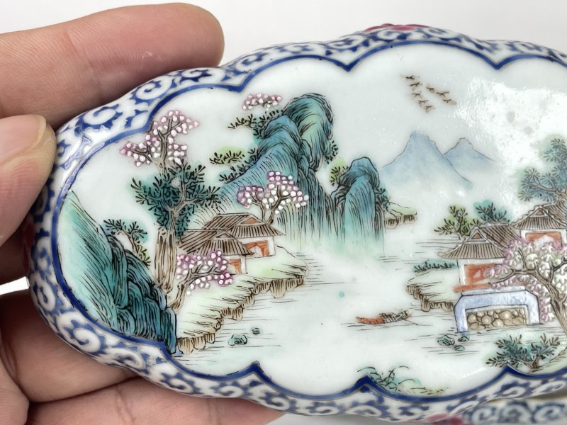 清道光 竹石山房御制洋彩山水花卉纹调色盘 - 图4