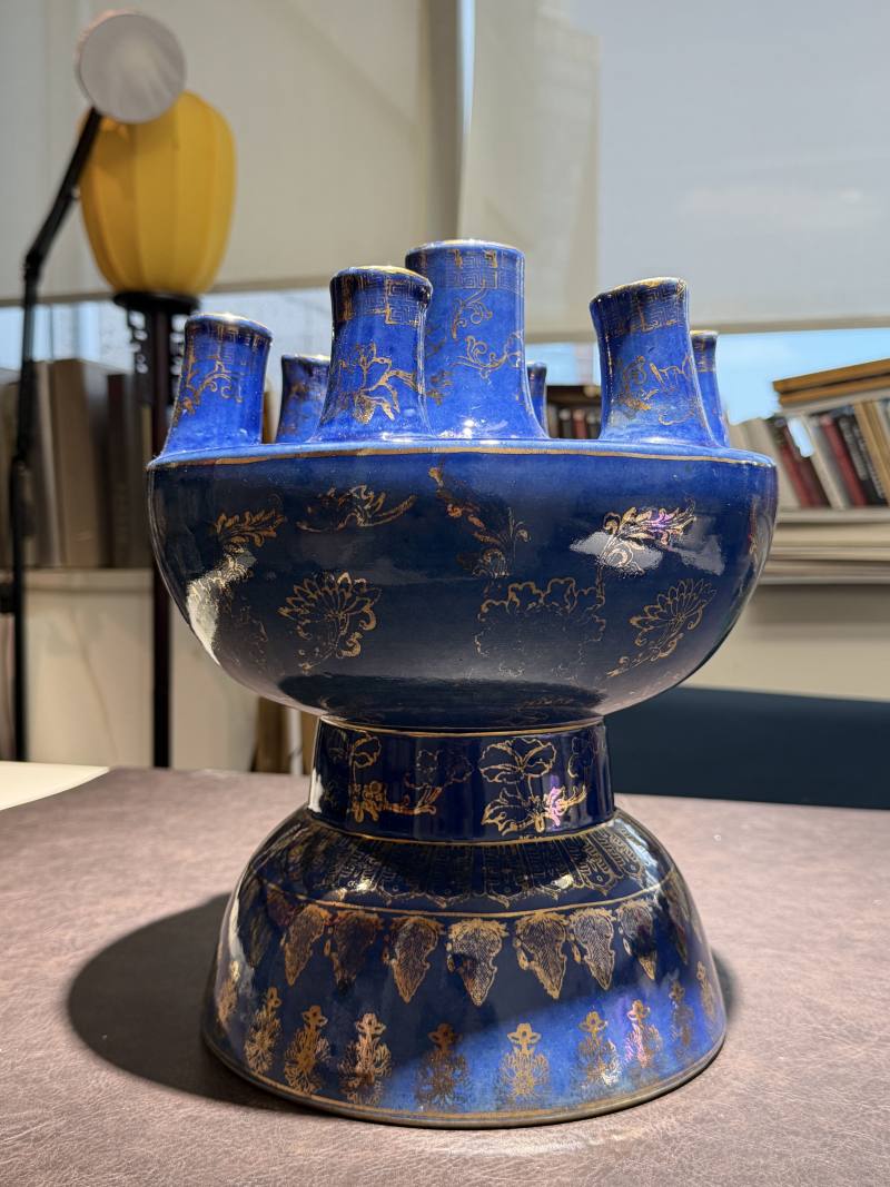 民国 霁蓝釉描金七管花插 - 图2