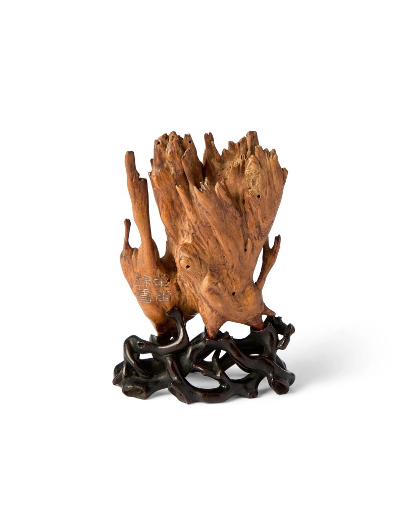 清十八世紀 黃楊木雕山子連木座，「玉堂錦雪」「璞山珍藏」款 | A Chinese boxwood carved scholar's rock