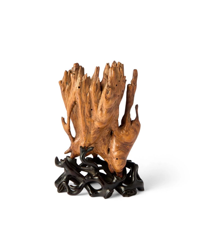 清十八世紀 黃楊木雕山子連木座，「玉堂錦雪」「璞山珍藏」款 | A Chinese boxwood carved scholar's rock - 图2