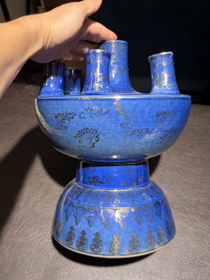 民国 霁蓝釉描金七管花插 - 图3