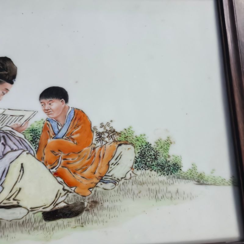 民国 刘希任风格粉彩竹林受读瓷板 - 图6
