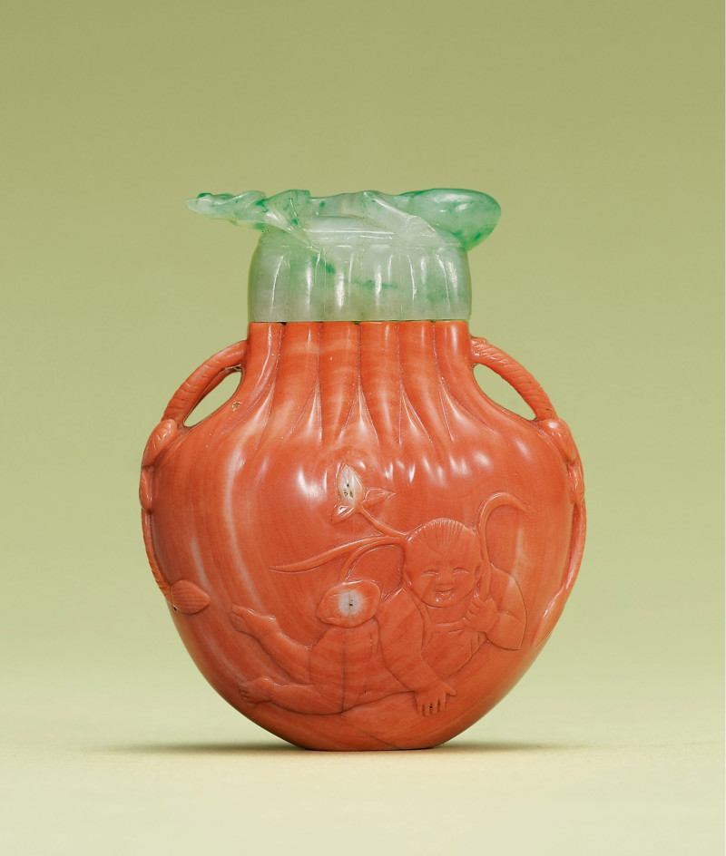 十九世紀  珊瑚連年有餘荷包式鼻煙壺 - 图1