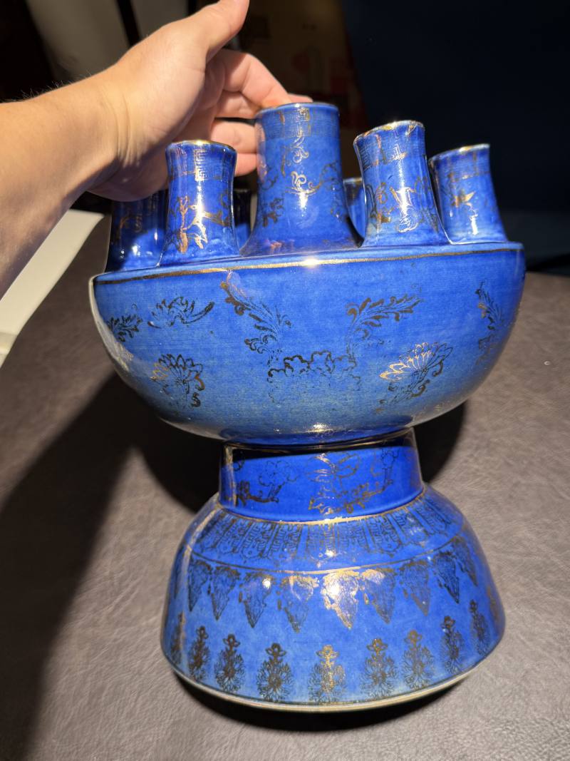 民国 霁蓝釉描金七管花插 - 图4