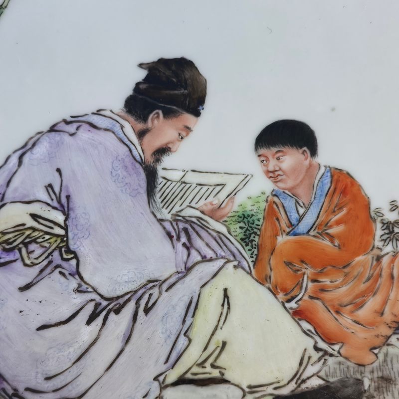 民国 刘希任风格粉彩竹林受读瓷板 - 图7