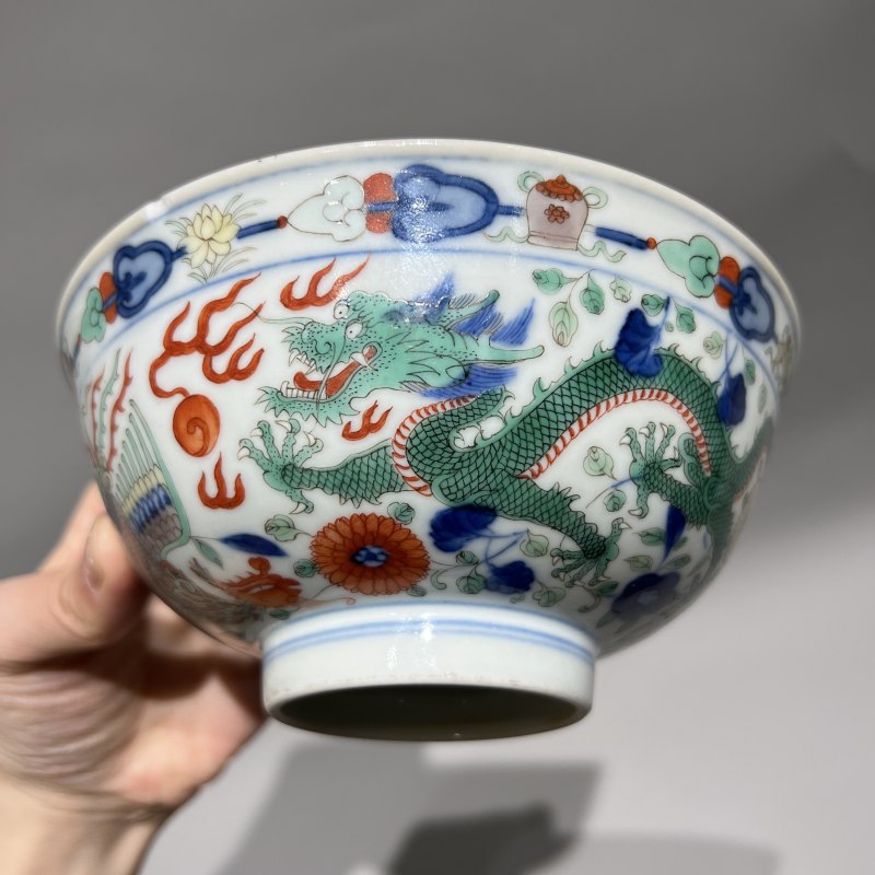 清道光 青花五彩龙凤纹碗 - 图9