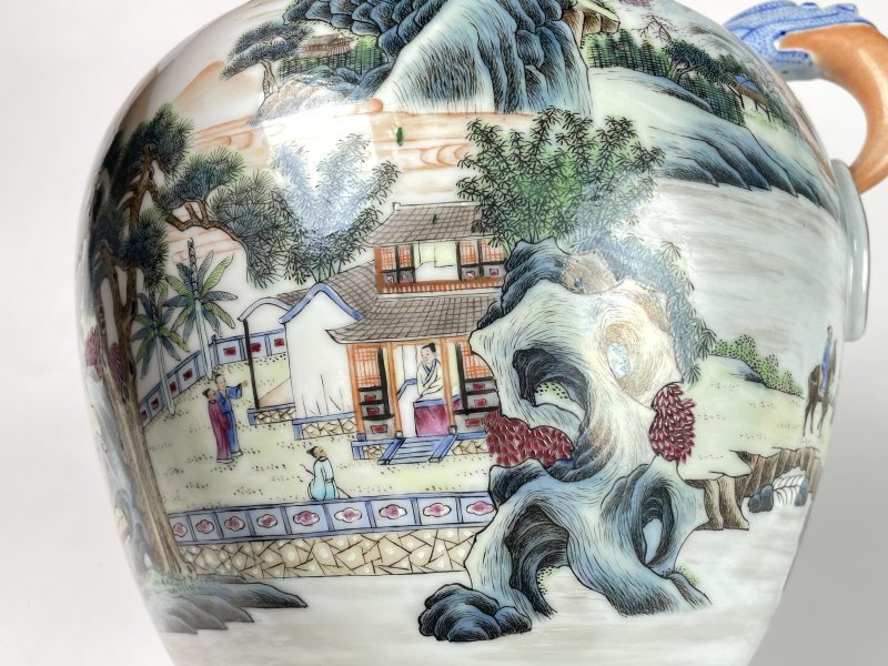 民国 粉彩粉彩山水人物纹双耳尊 - 图8