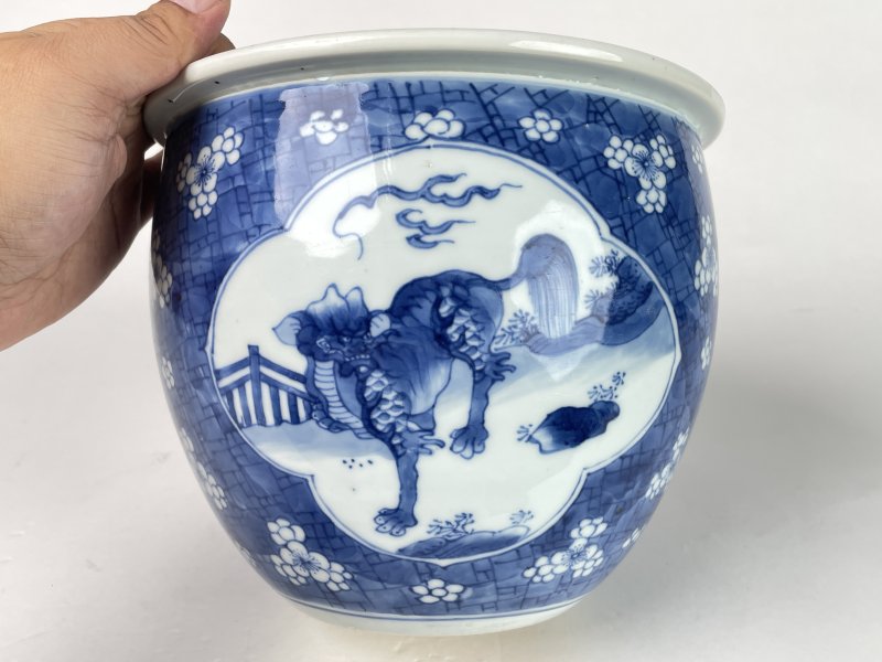 清康熙 青花冰梅开光瑞兽纹卷缸 - 图4