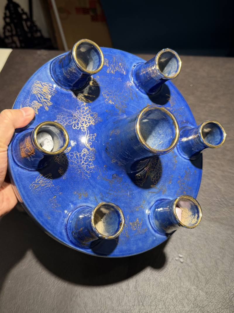 民国 霁蓝釉描金七管花插 - 图8