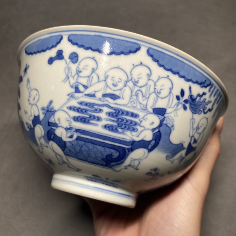 清道光 青花庭院婴戏图碗 - 图7