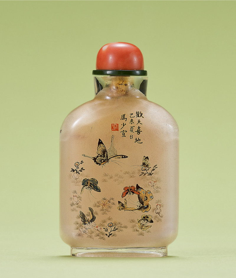 清  馬少宣作 玻璃內畫歡天喜地鼻煙壺 - 图1