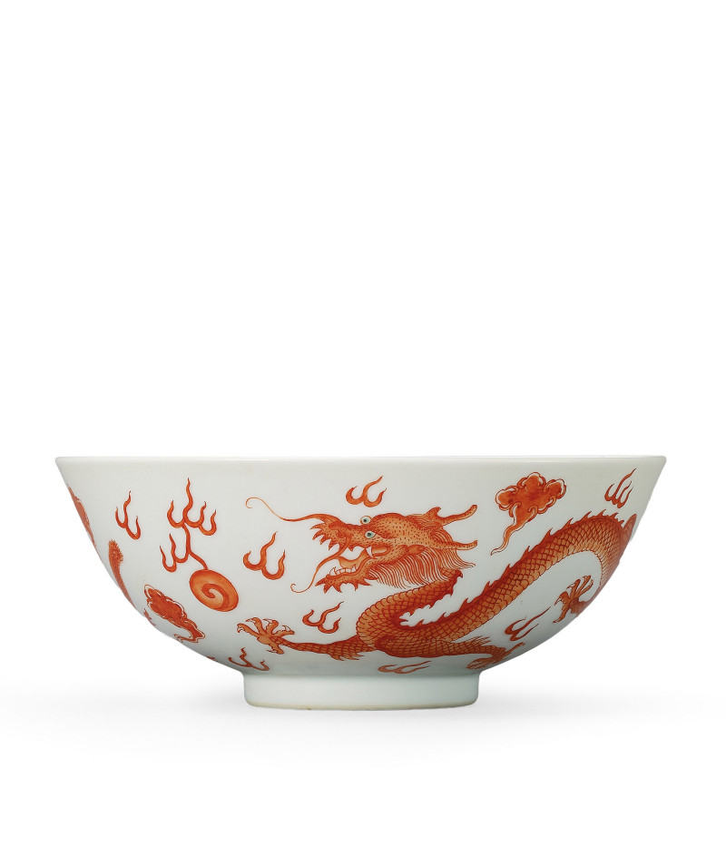 清道光  白地礬紅彩龍鳳紋碗 - 图1