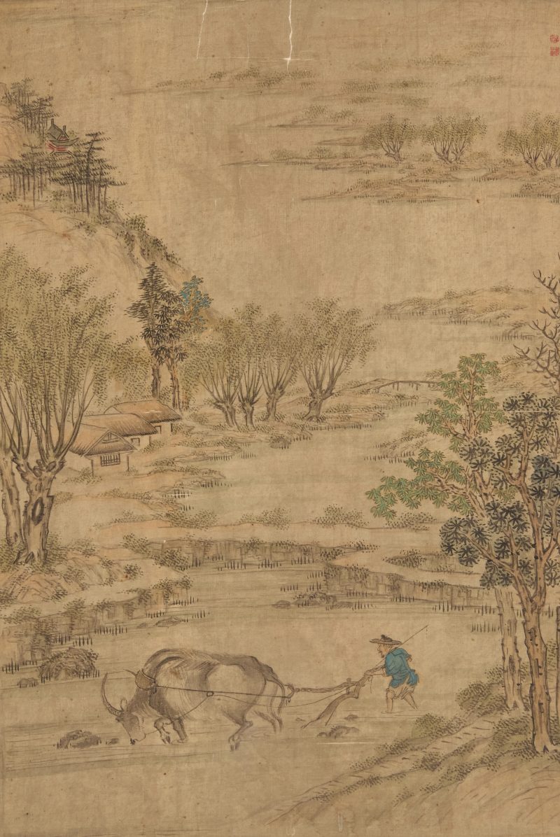 清十八/十九世紀 農耕圖，設色絹本，玻璃木框 | Chinese school, 18th/19th century
