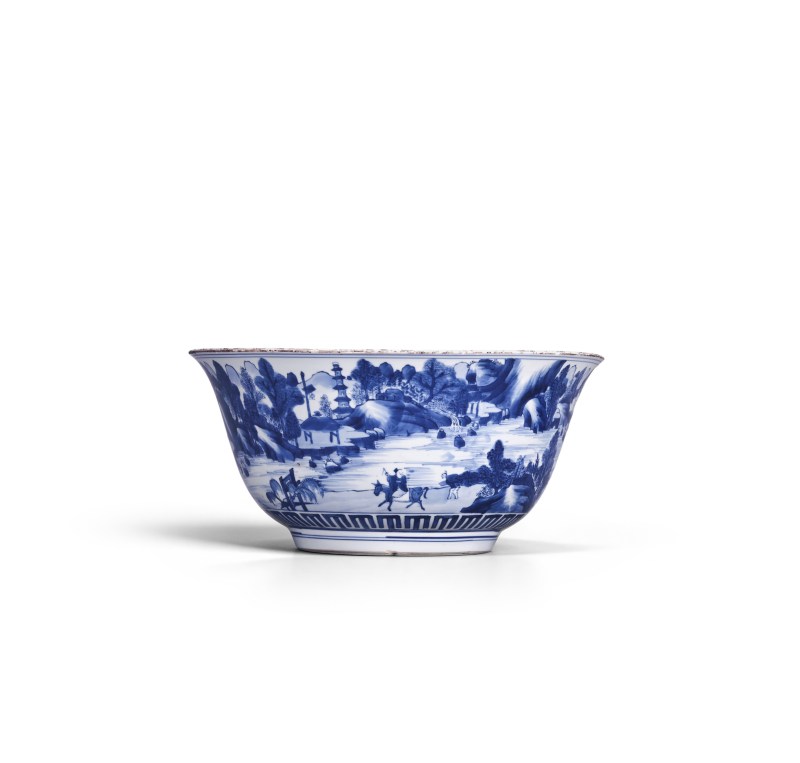 清康熙 青花通景山水人物图大碗 - 图1