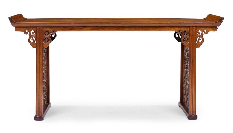 清十九世紀 黃花梨雕螭龍紋翹頭案 | A rare Chinese huanghuali trestle leg altar table, qiaotou'an