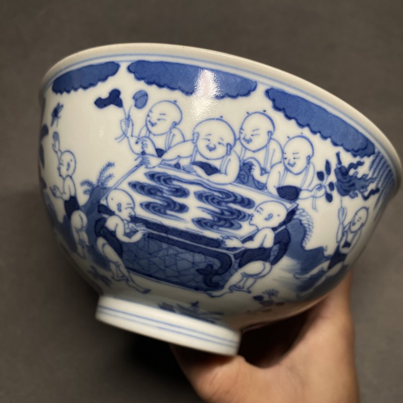 清道光 青花庭院婴戏图碗 - 图7