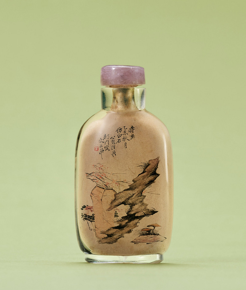 清  丁二仲作 玻璃內畫山水圖鼻煙壺 - 图2