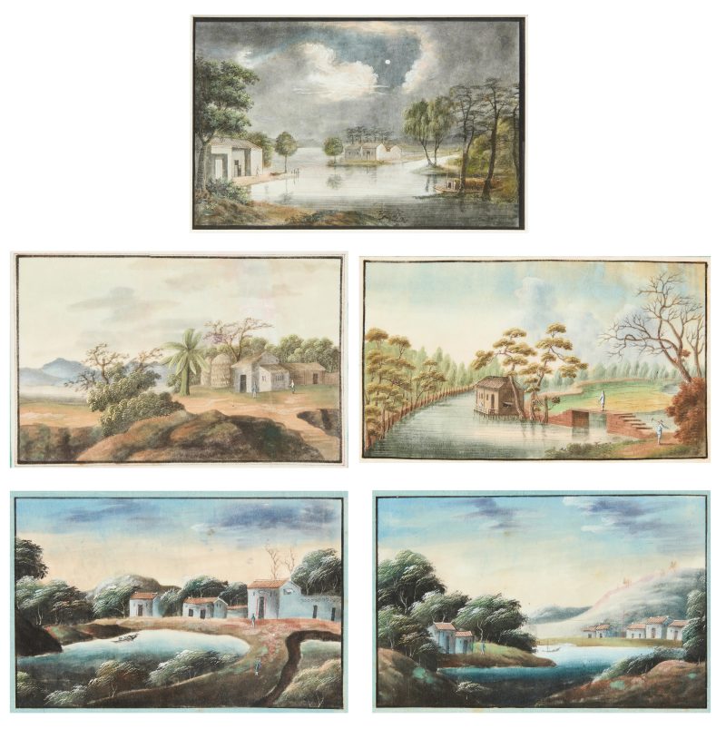 清十九世紀 水粉通草山水畫五幅 | Chinese Guangdong (Canton) school, 19th century