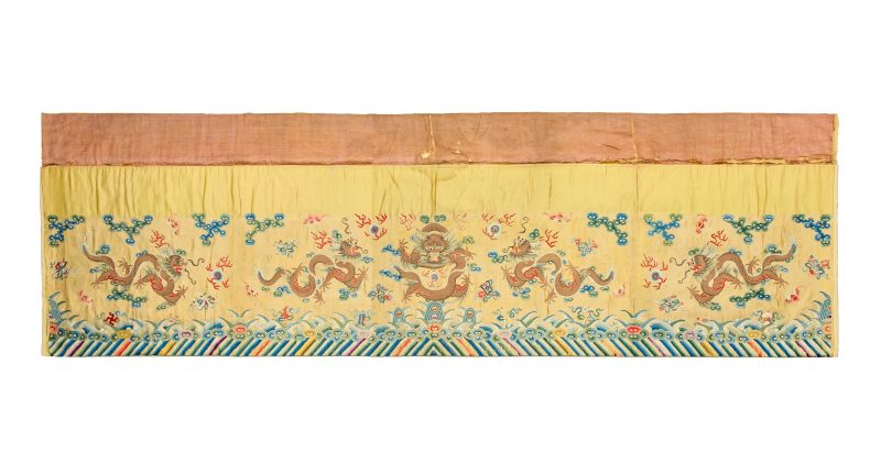 清十九世紀中期 御製明黃地刺繡八吉祥龍紋桌圍 | A large imperial yellow-ground embroidered 'dragon and eight Buddhist emblems' altar frontal, zhuowei