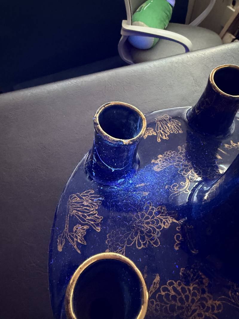 民国 霁蓝釉描金七管花插 - 图16