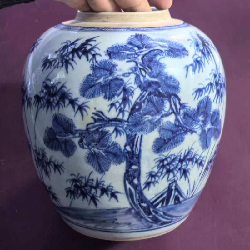 清康熙 青花岁寒三友图罐 - 图7