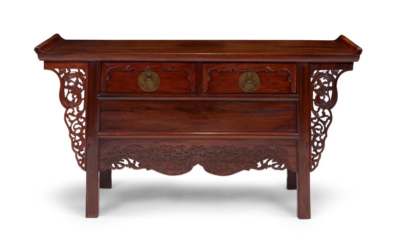 清十八世紀 梨木雕螭龍紋聯二櫥 | A Chinese rosewood altar coffer, Lianerchu