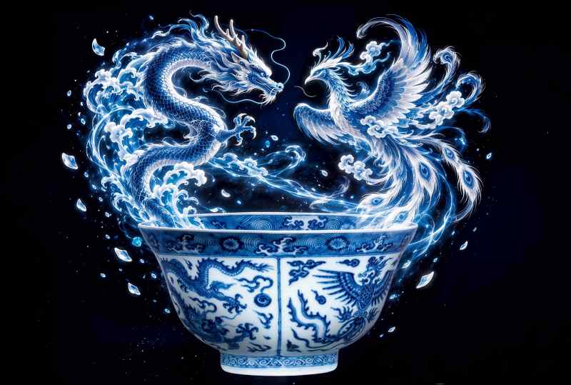 清雍正 青花龙凤纹花口碗 - 图2