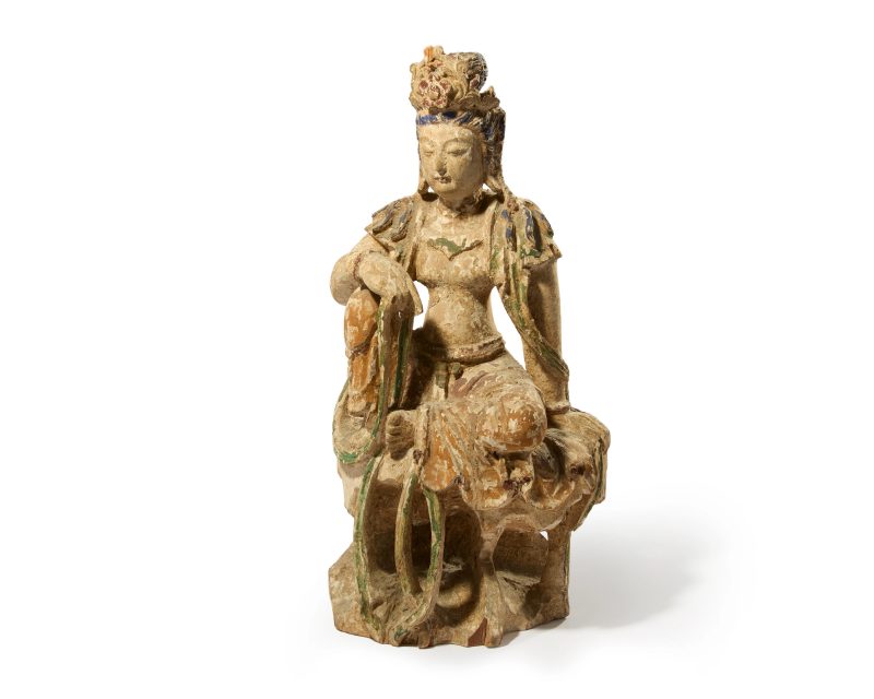 明 木雕彩繪水月觀音像 | A Chinese polychrome wood figure of Water Moon Guanyin