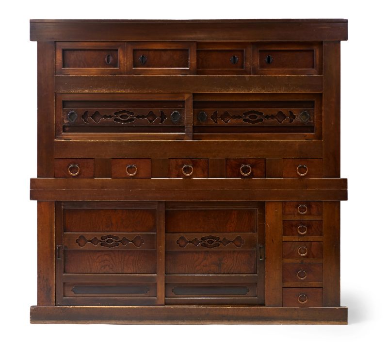 A Japanese elm two-section mizuya tansu