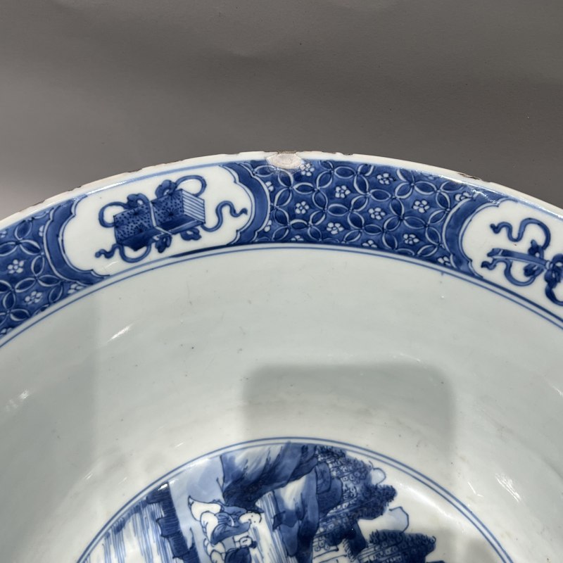 清康熙 青花通景山水人物图大碗 - 图6