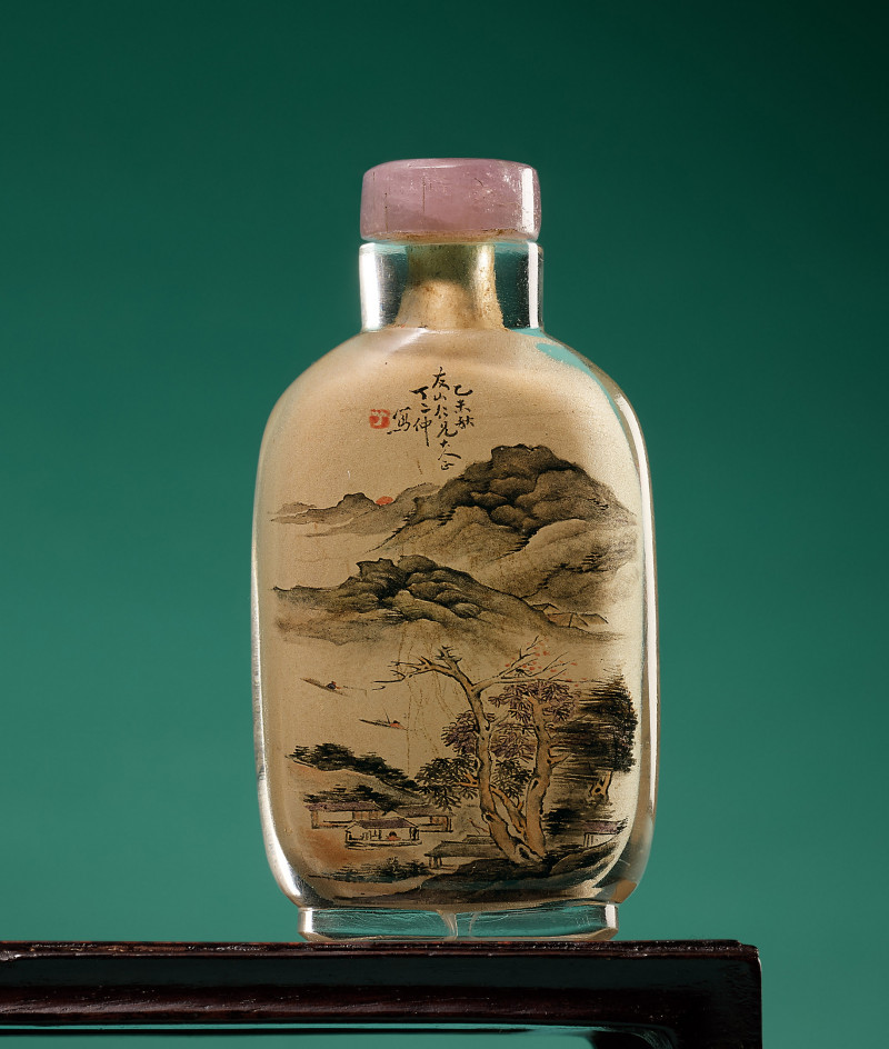 清  丁二仲作 玻璃內畫山水圖鼻煙壺 - 图3