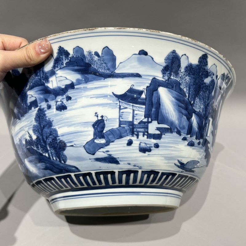 清康熙 青花通景山水人物图大碗 - 图7