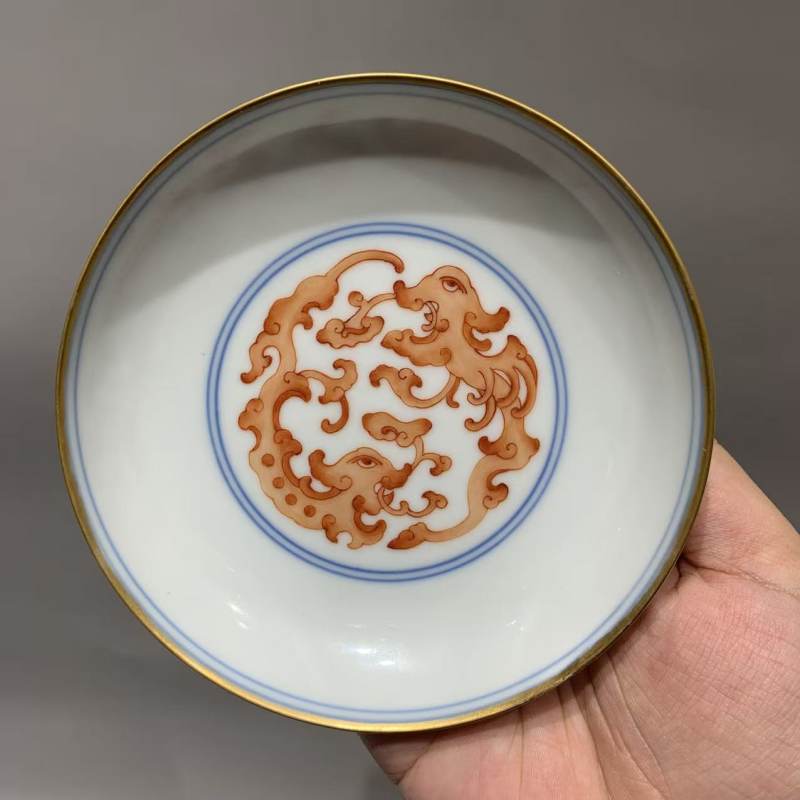 清雍正 青花矾红描金夔龙纹盘 - 图4