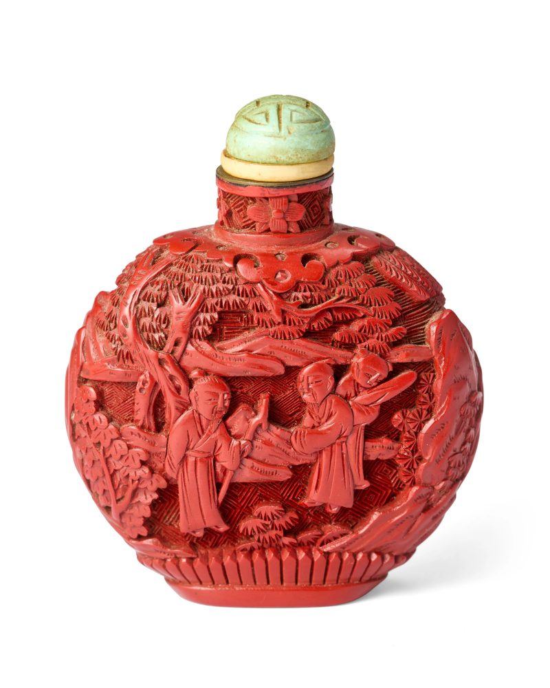 清十九世紀 剔紅高仕紋鼻烟壺 | A Chinese cinnabar lacquer snuff bottle