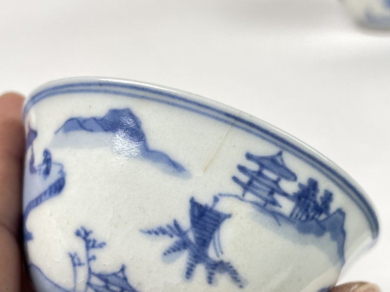 清早期 浆胎青花人物纹杯一对 - 图8