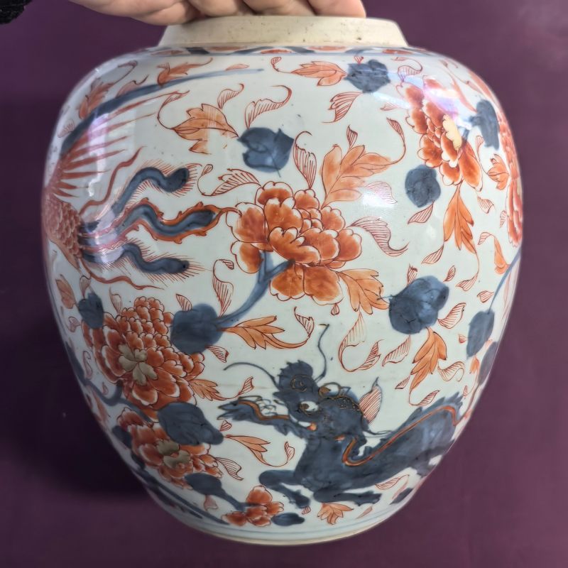 清康熙 青花矾红描金凤凰麒麟牡丹罐 - 图7