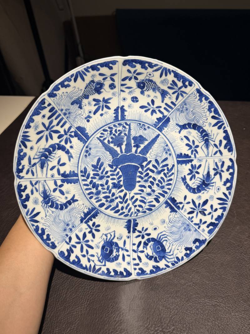 清 五彩花鸟盘、青花鱼藻盘 - 图2