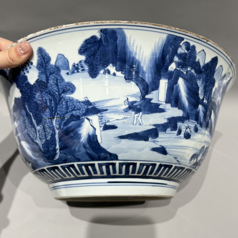 清康熙 青花通景山水人物图大碗 - 图9
