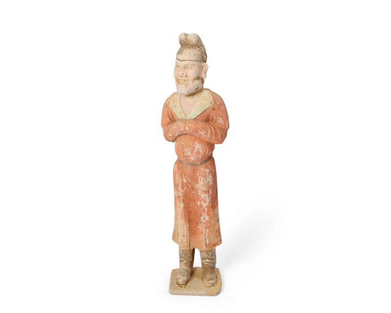 唐 彩繪陶男侍者俑連盒 | A Chinese painted pottery figure of a male attendant - 图1